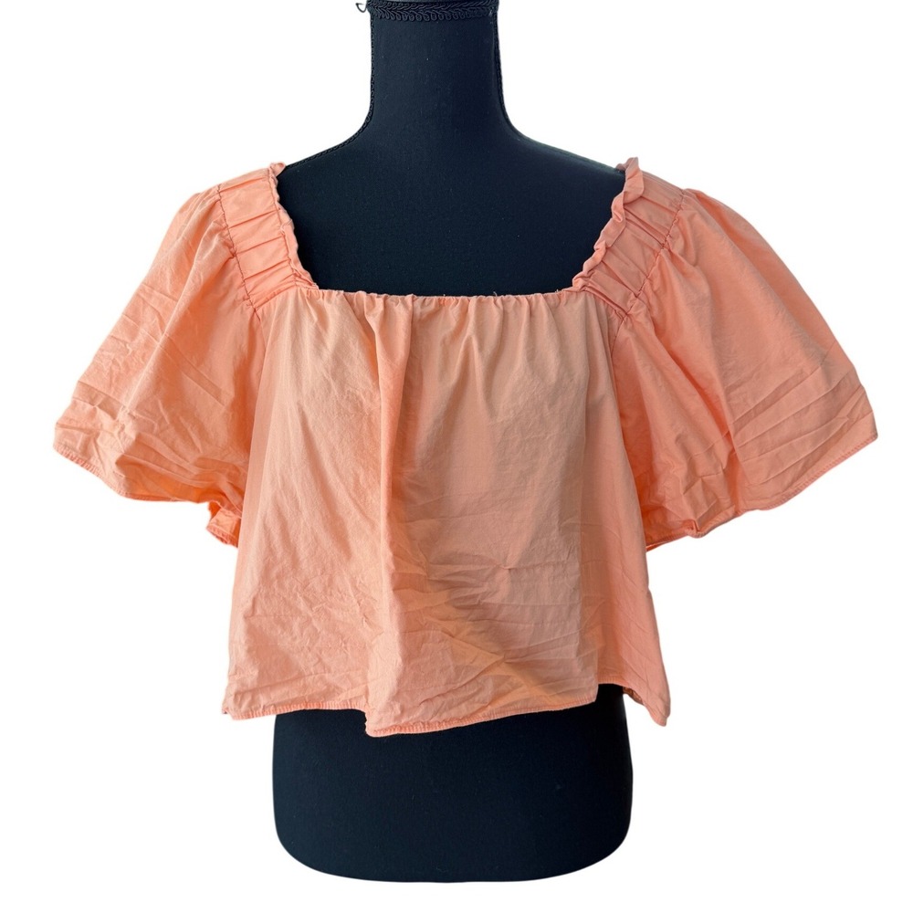 Zara Womens Peach Orange Poplin Puff Sleeve Crop Top Square Neck Ruffle Large